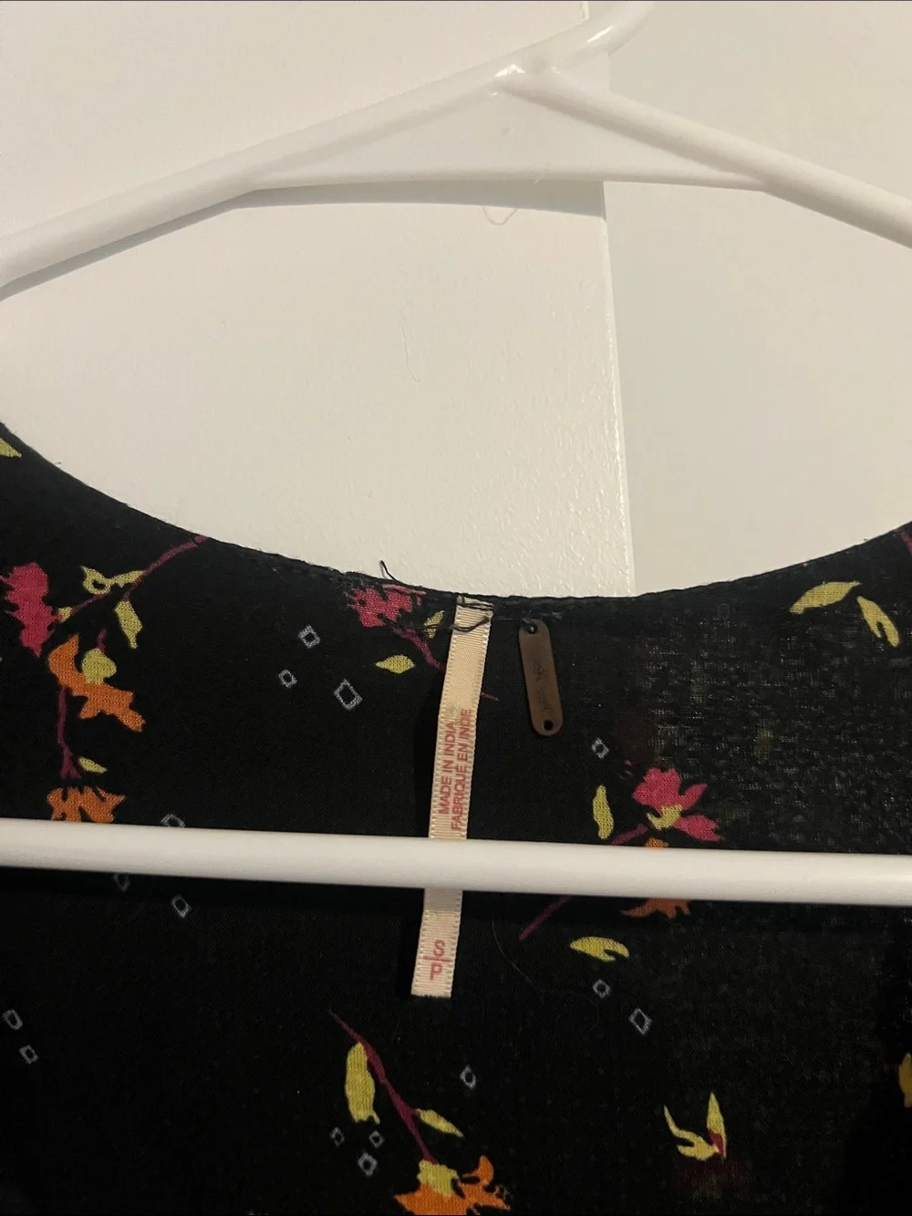 Free People Boho Black Floral Peasant Top with Red Embroidered Yoke sz Small